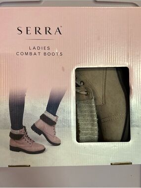 Serra Ladies Combat Boots in Taupe with Knit Cuff
